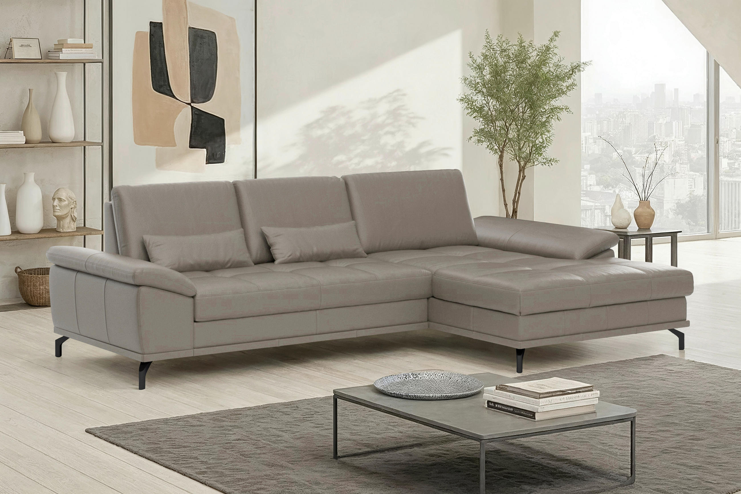 ECKSOFA 301/176 cm COSTELLO E in Echtleder Grau Nierenkissen, Armteilverstellung, Sitztiefenverstellung  301/176 cm  - Schwarz/Grau, Basics, Leder/Textil (301/176cm) - Sit & More