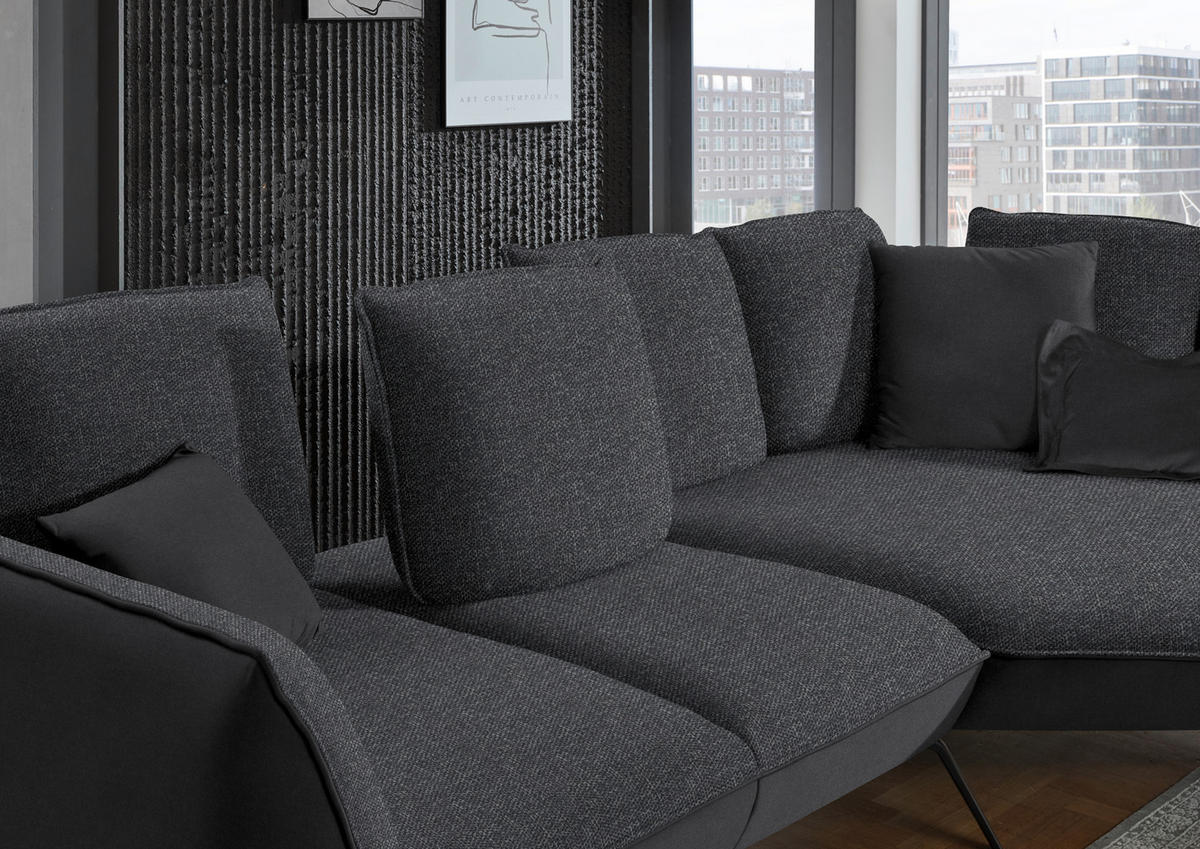 ECKSOFA in Flachgewebe Anthrazit  - Anthrazit/Schwarz, Design, Textil/Metall (320/169cm) - Moderano