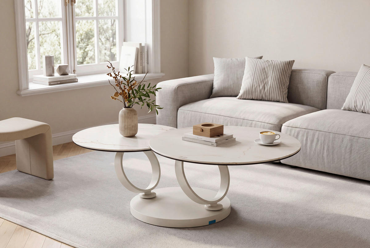 COUCHTISCH ESG 80-133,5/80/43 cm rund Weiß, Beige  - Beige/Weiß, Design, Glas/Keramik (80-133,5/80/43cm) - Dieter Knoll