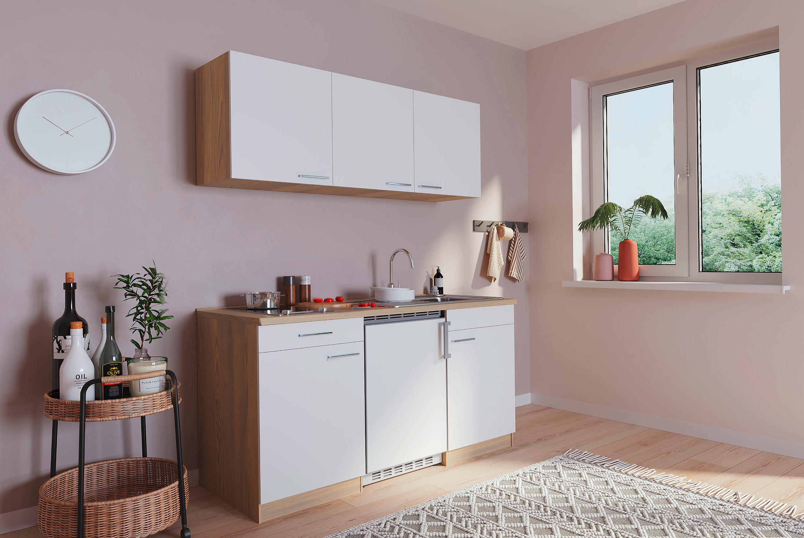 MINIKÜCHE 150 cm   in Weiss, Eichefarben  - Weiss/Eichefarben, Basics, Holzwerkstoff (150cm) - Respekta