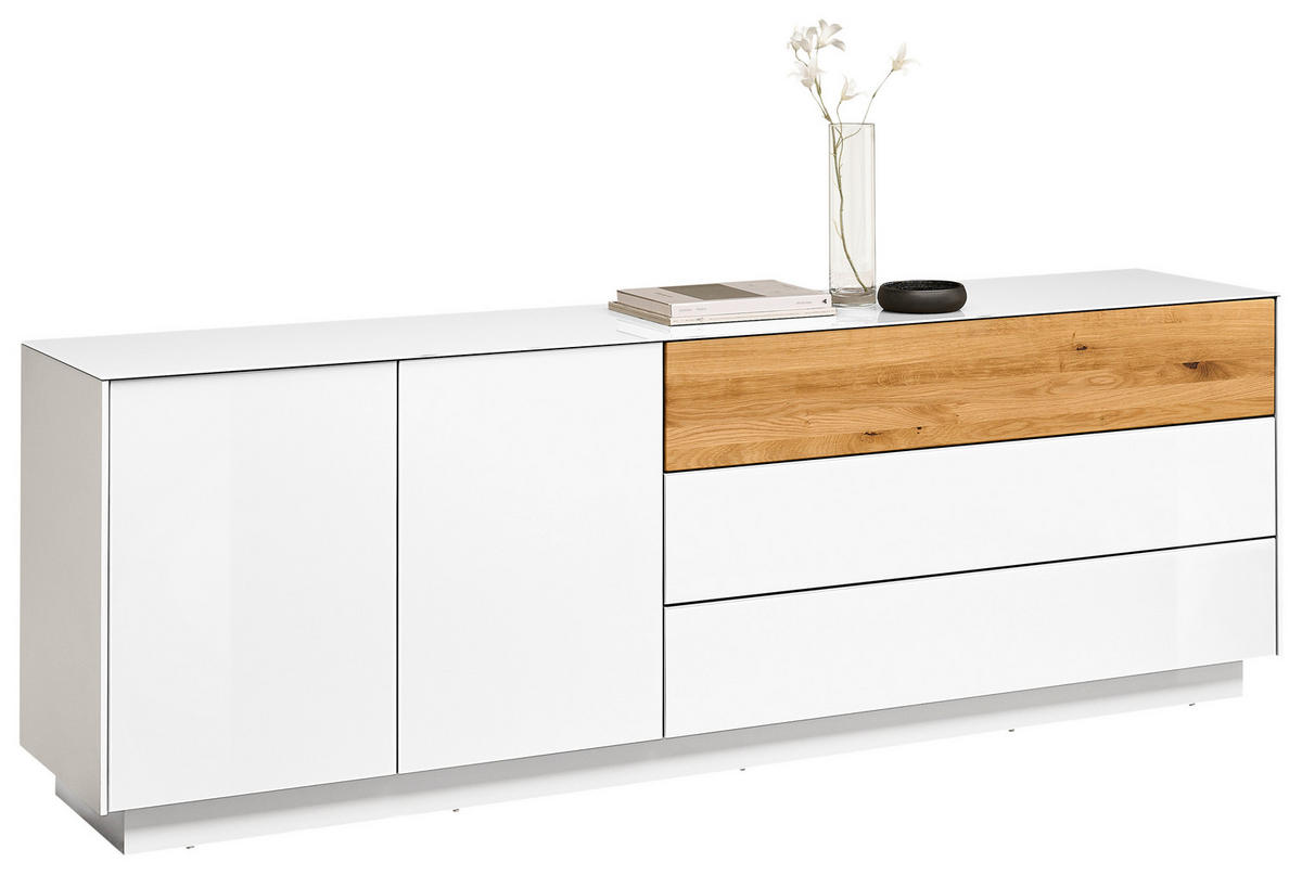 Comodă Joasă 207/69/42 cm  - alb/culoare lemn stejar, Design, sticlă/lemn (207/69/42cm) - Novel