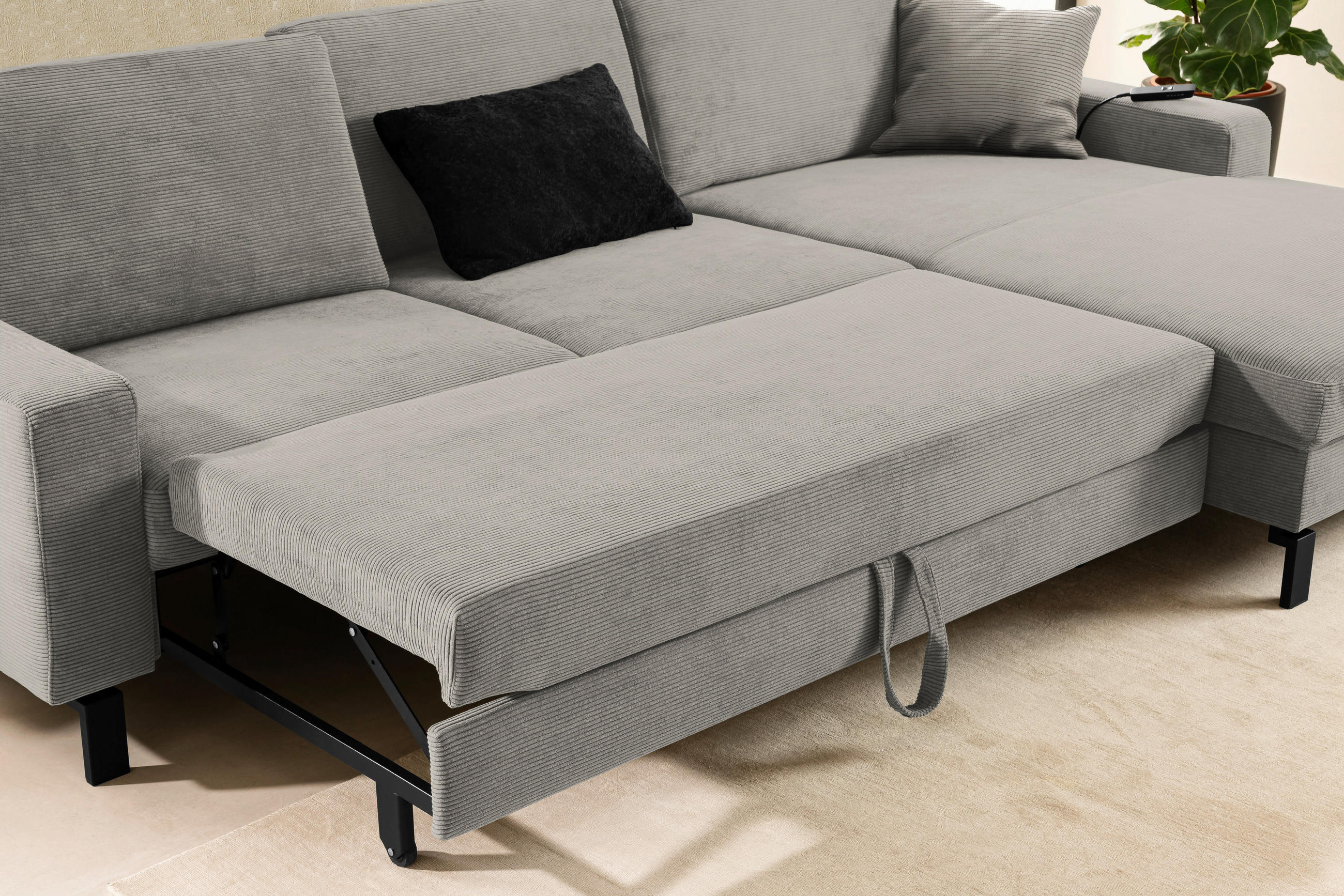 ECKSOFA in Cord Sandfarben  - Sandfarben/Schwarz, Design, Textil/Metall (298/185-209cm) - Pure Home Lifestyle