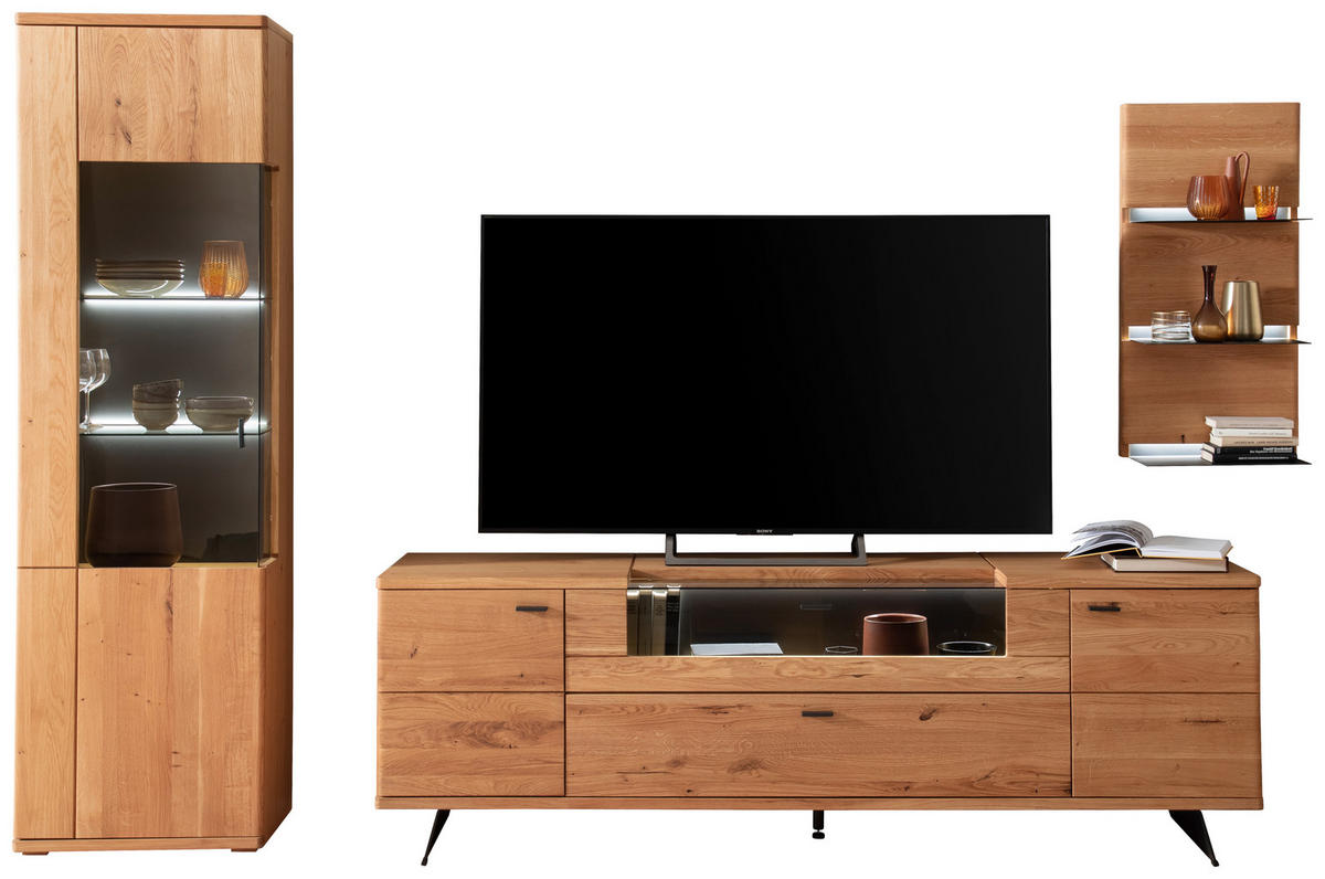 WOHNWAND 3-teilig  in Wildeiche 305/209/50 cm  - Wildeiche/Anthrazit, Natur, Glas/Holz (305/209/50cm) - Linea Natura