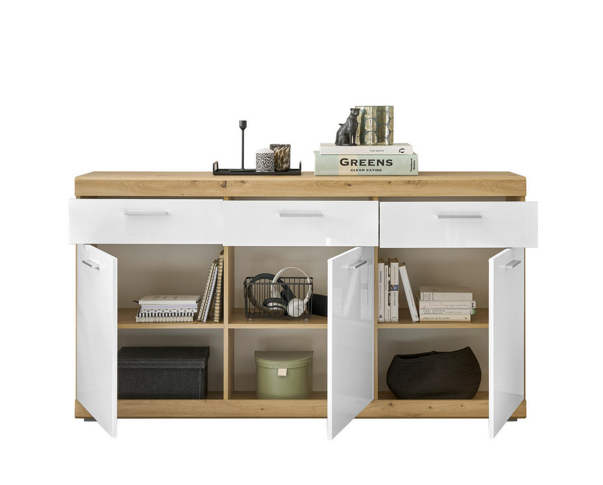 SIDEBOARD  165/91/38 cm 3 Schublade(n)  - Weiss Hochglanz/Silberfarben, Design, Holzwerkstoff/Kunststoff (165/91/38cm) - MID.YOU