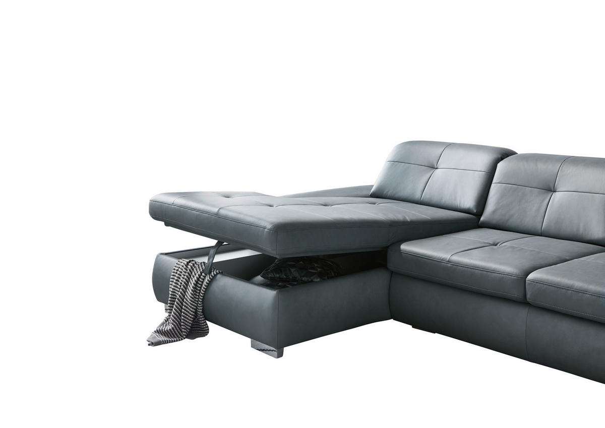 ECKSOFA in Echtleder Grau  - Alufarben/Grau, Design, Leder/Metall (195/309cm) - Beldomo Premium