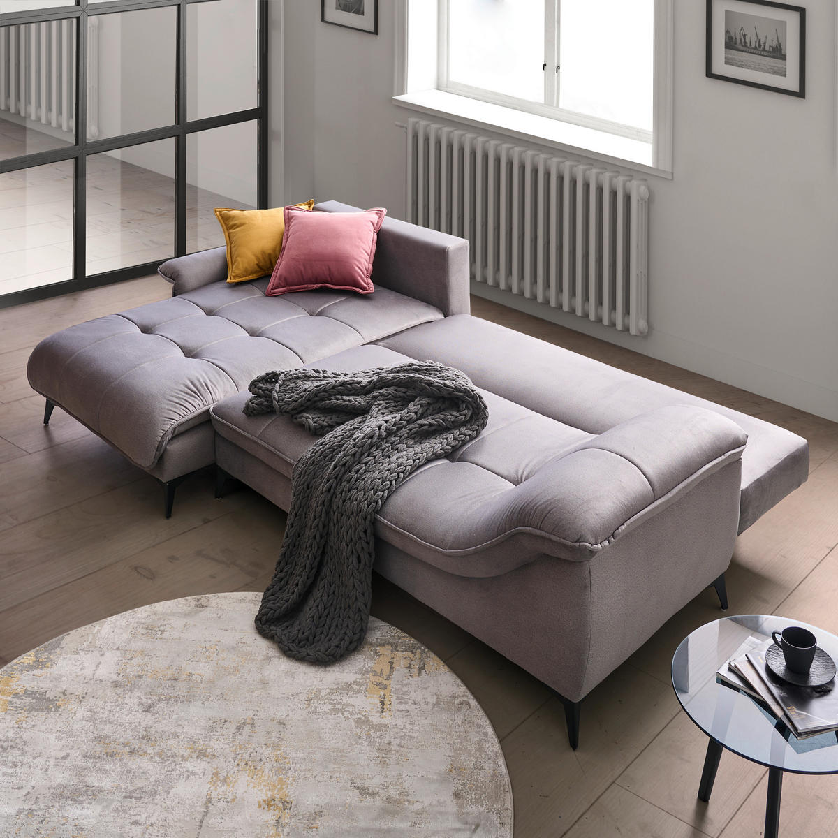ECKSOFA Grau Velours  - Schwarz/Grau, Design, Textil/Metall (175/304cm) - Stylife