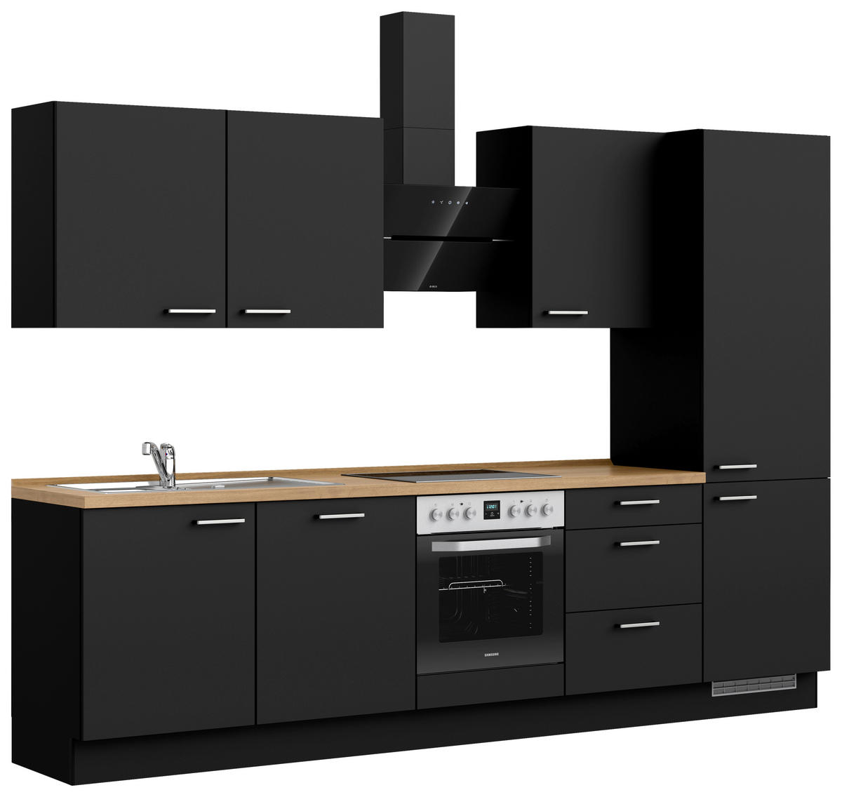KÜCHENBLOCK 300 cm   in Schwarz, Eichefarben  - Edelstahlfarben/Eichefarben, MODERN, Holzwerkstoff/Metall (300cm) - Nobilia