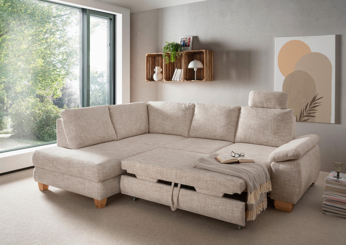 ECKSCHLAFSOFA in Struktur Creme  - Wildeiche/Creme, Modern, Holz/Textil (206/265cm) - Livetastic