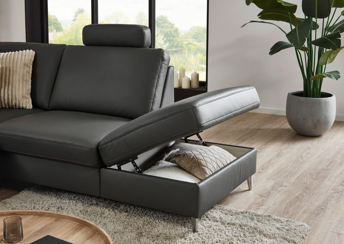 ECKSOFA Beldomo Premium in Echtleder Anthrazit  263/235 cm  - Anthrazit/Alufarben, KONVENTIONELL, Leder/Metall (263/235cm) - Beldomo Premium