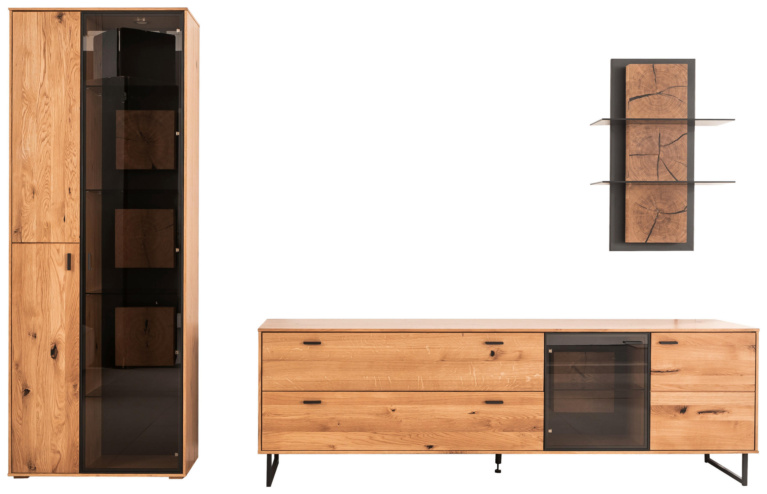 WOHNWAND  in Wildeiche 306/206/50 cm  - Wildeiche/Schwarz, Design, Glas/Holz (306/206/50cm) - MID.YOU