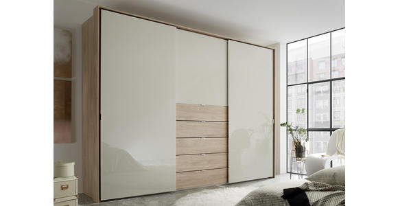 SCHWEBETÜRENSCHRANK in Eichefarben, Sandfarben - Sandfarben/Chromfarben, Design, Glas/Holzwerkstoff (298/240/68cm) - Moderano