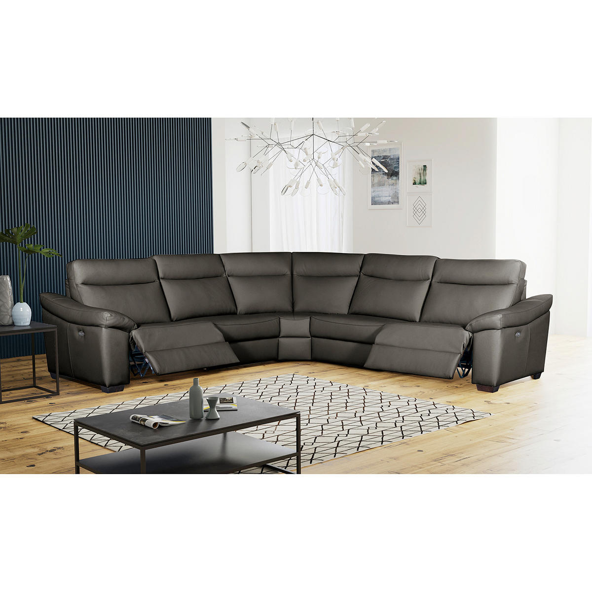 ECKSOFA Anthrazit Echtleder  - Anthrazit/Schwarz, Design, Leder/Holz (299/299cm) - Livetastic