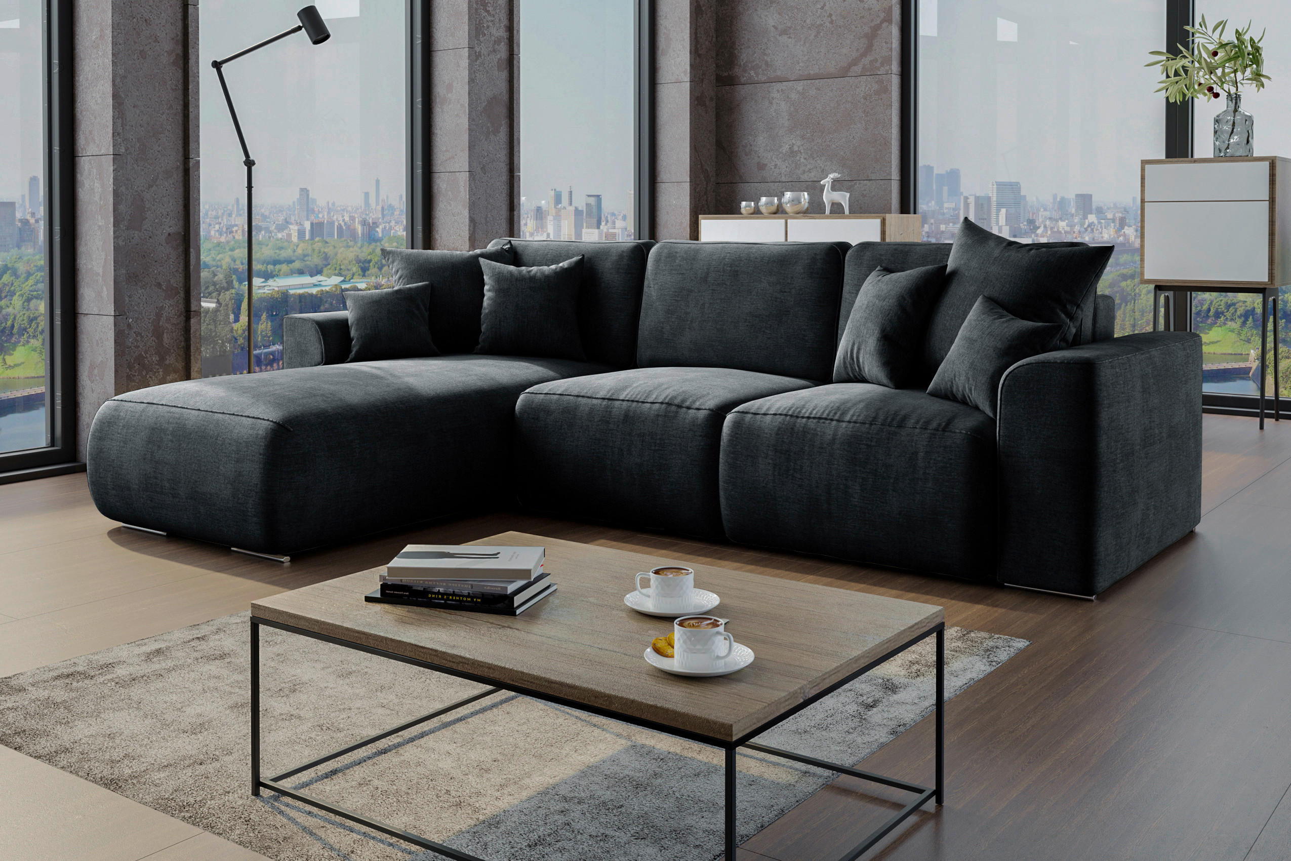 ECKSOFA in Samt Dunkelgrau  195/293 cm  - Chromfarben/Dunkelgrau, KONVENTIONELL, Kunststoff/Textil (195/293cm) - Carryhome