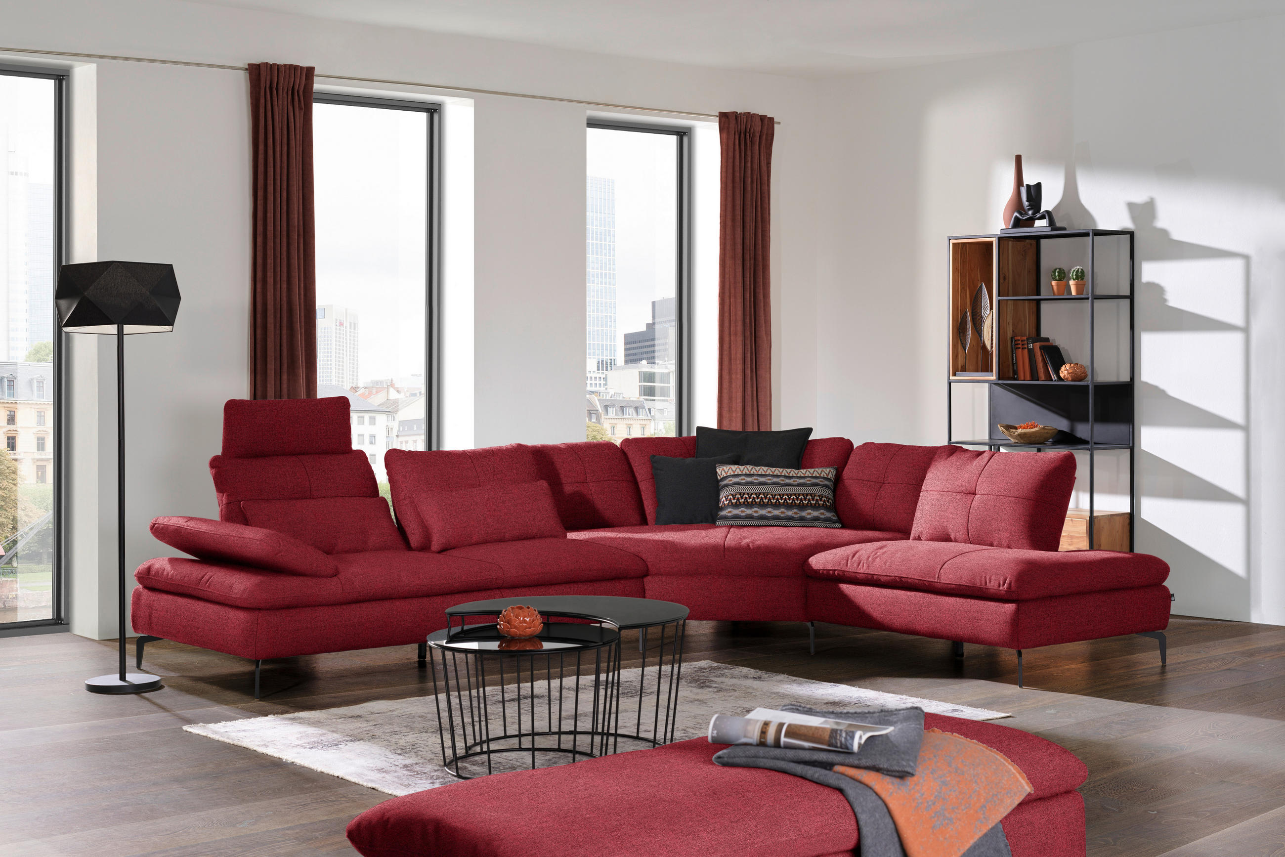 ECKSOFA in Flachgewebe Bordeaux  - Bordeaux/Schwarz, Design, Textil/Metall (344/271cm) - Chilliano