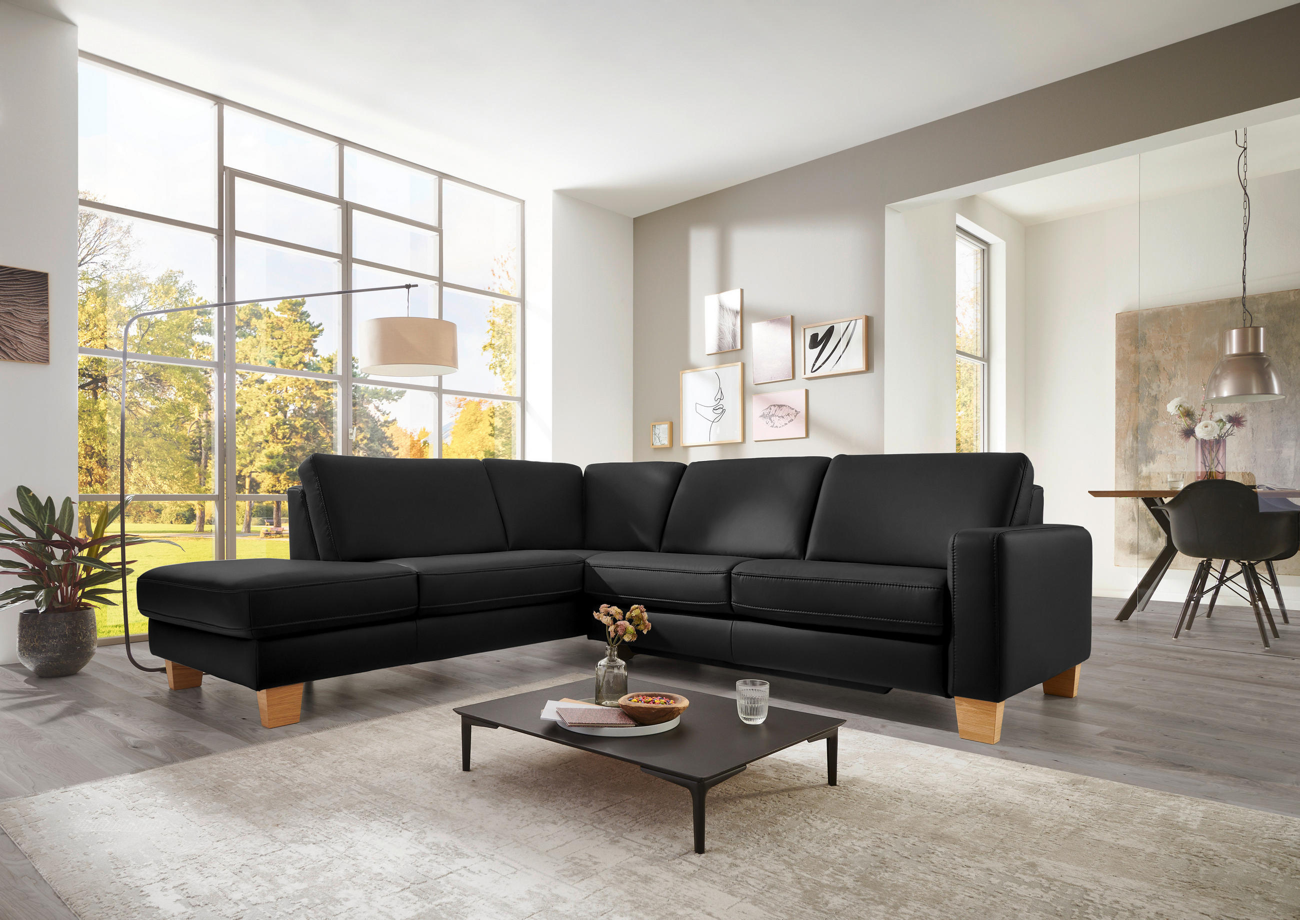 ECKSOFA in Echtleder Schwarz  - Eiche Bianco/Schwarz, Natur, Leder/Holz (235/257cm) - Valdera