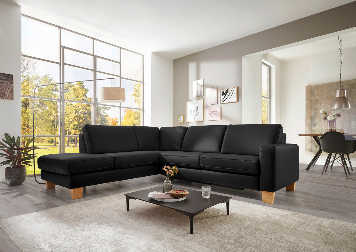 ECKSOFA in Echtleder Schwarz  - Eiche Bianco/Schwarz, Natur, Leder/Holz (235/257cm) - Valdera