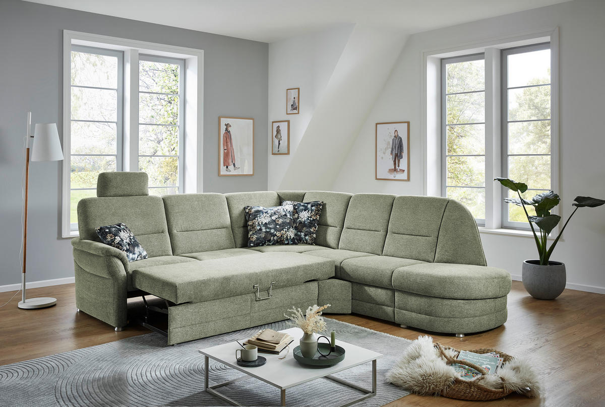 ECKSOFA  in Makramee Grün  - Alufarben/Grün, KONVENTIONELL, Textil/Metall (253/273cm) - Beldomo Comfort