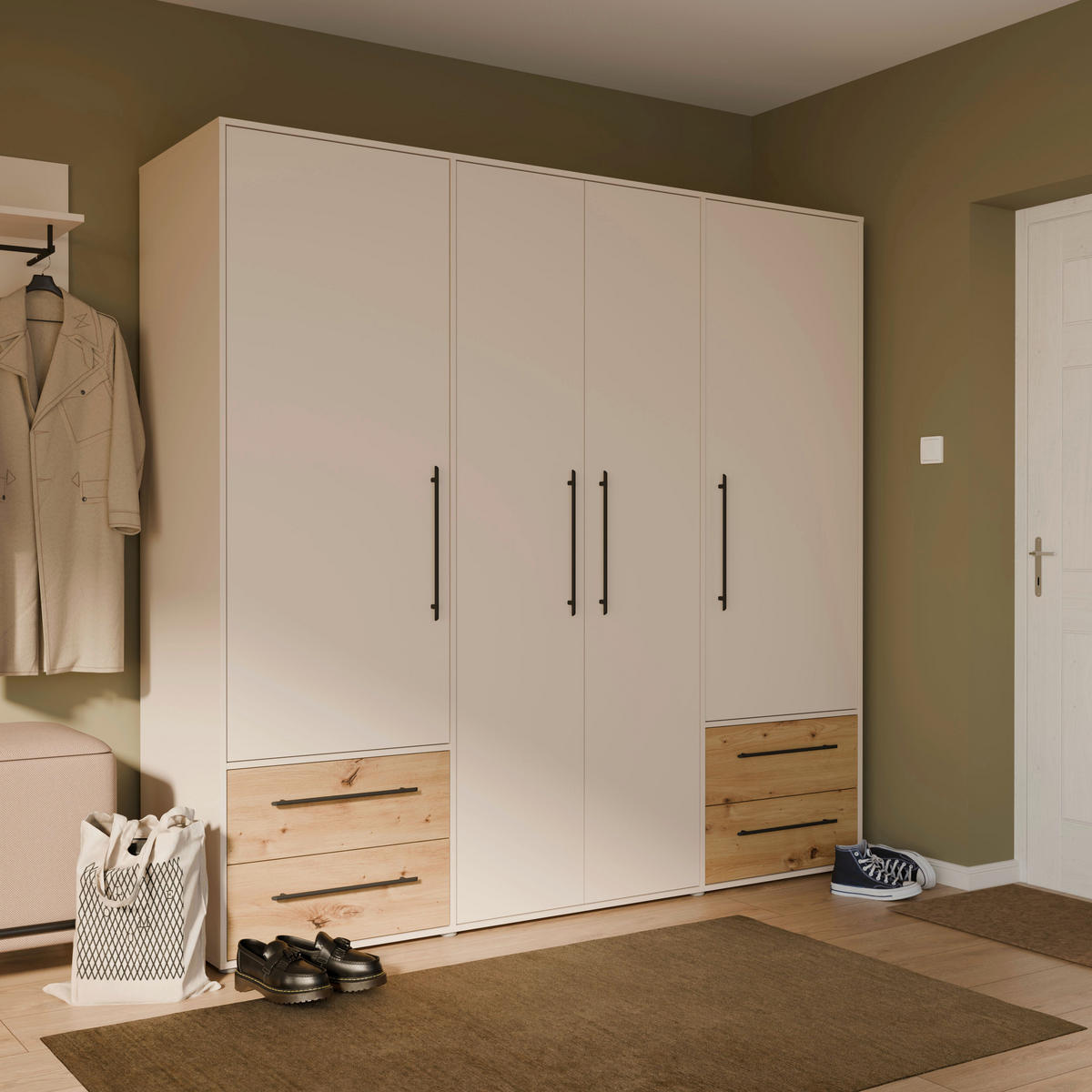 DREHTÜRENSCHRANK 205,9/200,1/58,8 cm,  in Sandfarben, Eiche Artisan, 4 Tür(en)  - Sandfarben/Schwarz, KONVENTIONELL, Holzwerkstoff/Kunststoff (205,9/200,1/58,8cm) - Milino