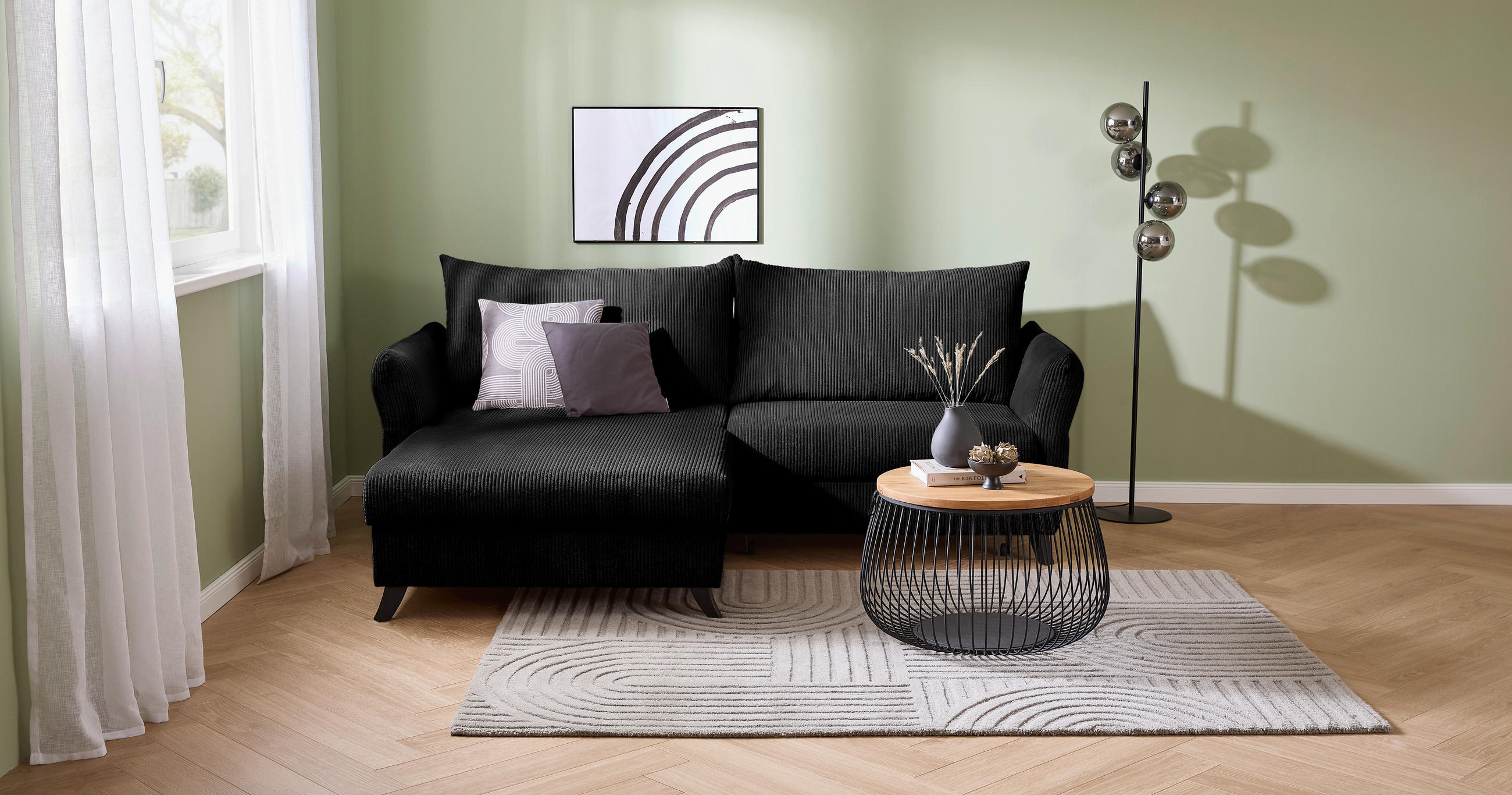 ECKSOFA in Cord Schwarz  - Schwarz, Romantik / Landhaus, Holz/Textil (245/159cm) - Stylife