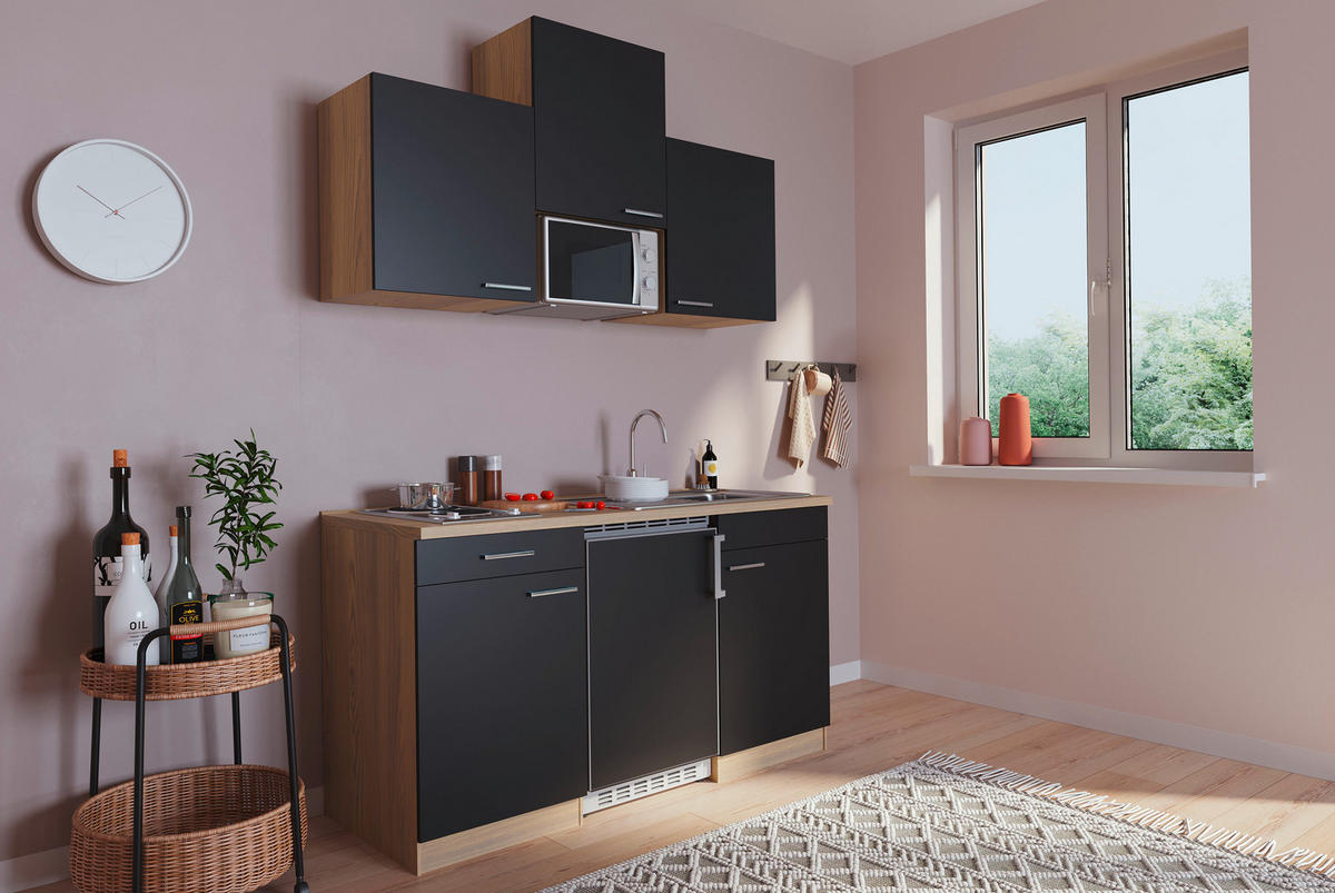 MINIKÜCHE 150 cm   in Schwarz, Eichefarben  - Eichefarben/Schwarz, Basics, Holzwerkstoff (150cm) - Respekta