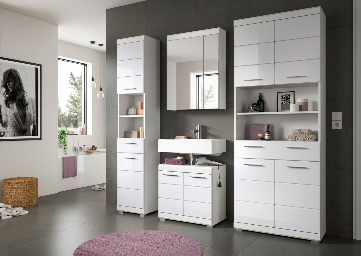 BADEZIMMER 4-teilig  in 171 cm  - Weiß Hochglanz/Silberfarben, MODERN, Glas/Holzwerkstoff (171cm) - MID.YOU
