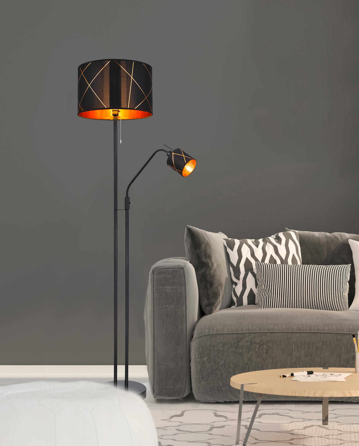 GOLVLAMPA Bemmo 40/175 cm    - svart/guldfärgad, Design, metall/textil (40/175cm) - Globo