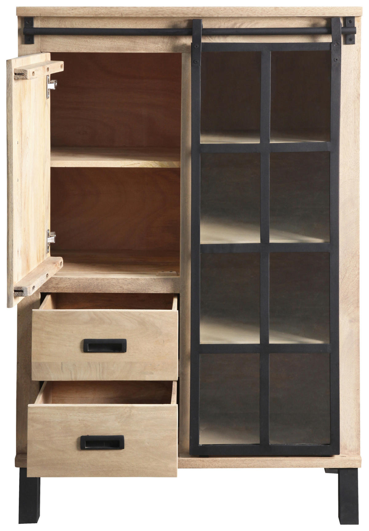 VITRINE  in Hartholz Mangoholz Schwarz, Graubraun  - Graubraun/Schwarz, LIFESTYLE, Glas/Holz (90/135/42cm) - Landscape