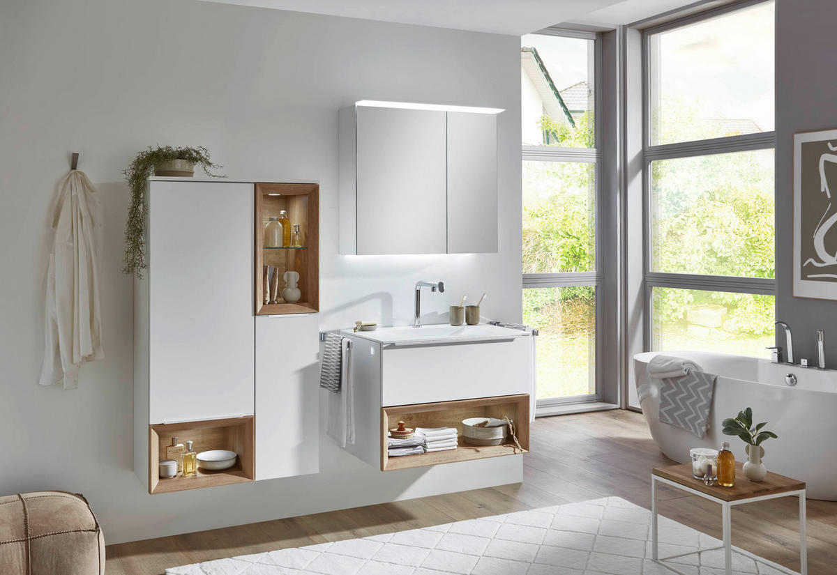 BADEZIMMER 3-teilig  in 81 cm  - Edelstahlfarben/Weiß Hochglanz, MODERN, Holzwerkstoff/Stein (81cm) - Nobilia