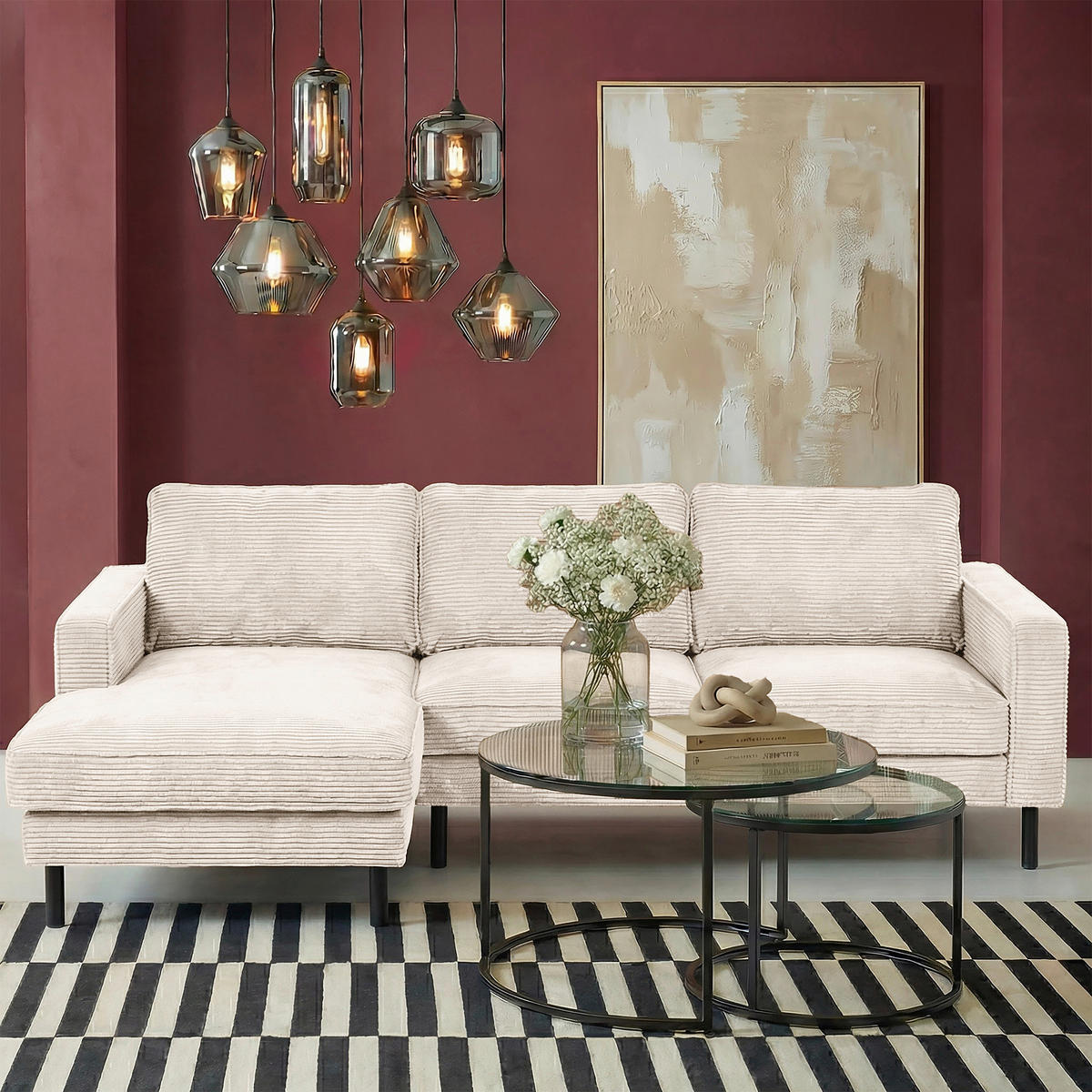 ECKSOFA Creme Cord Rücken echt  - Creme/Schwarz, Design, Textil/Metall (166/238cm) - Livetastic