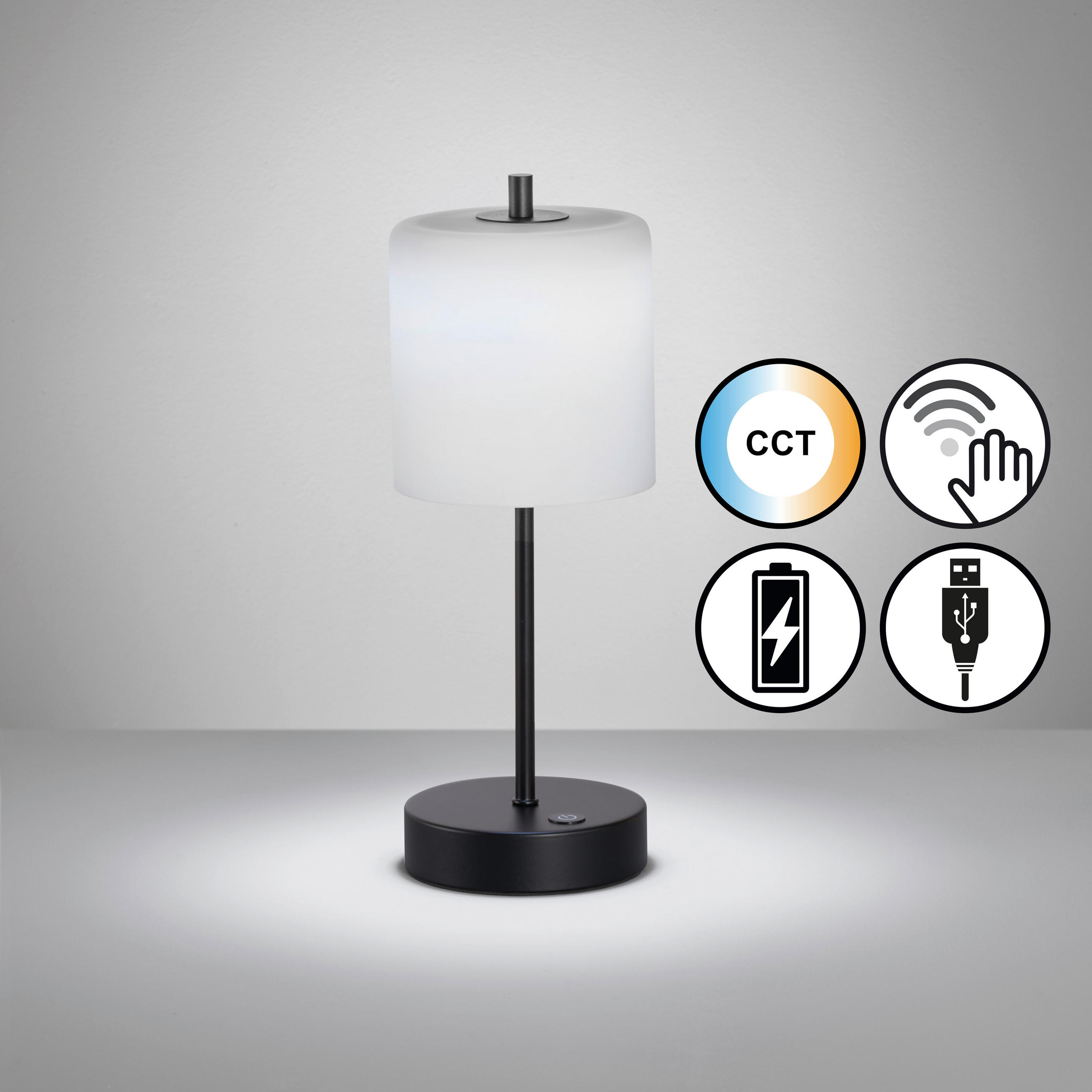 AKKU-TISCHLEUCHTE Riva 13/34,50 cm   - Sandfarben/Schwarz, Design, Glas/Metall (13/34,50cm)