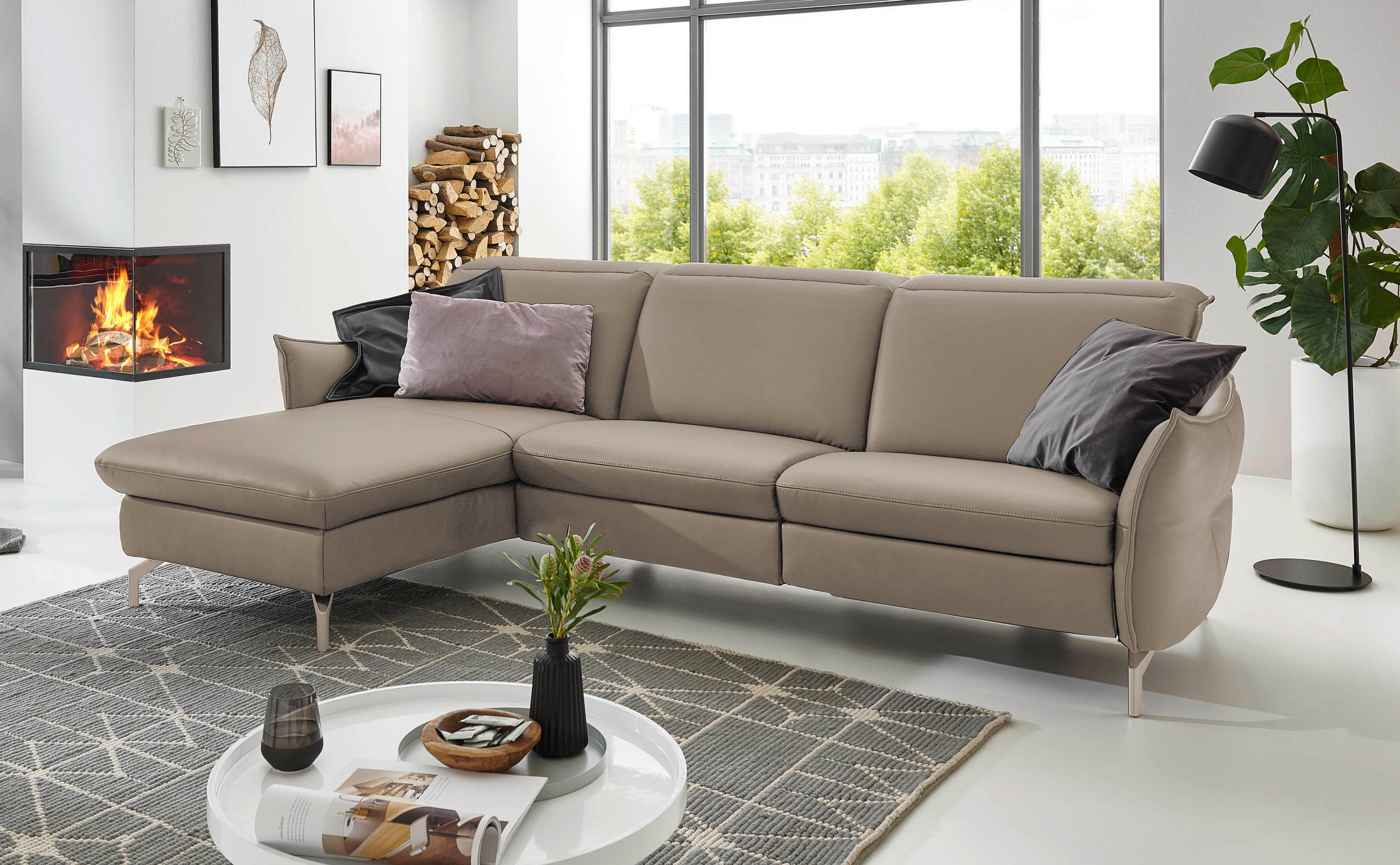 ECKSOFA Hellgrau Lederlook (vegan)  - Hellgrau/Nickelfarben, MODERN, Textil/Metall (179/233cm) - Livetastic