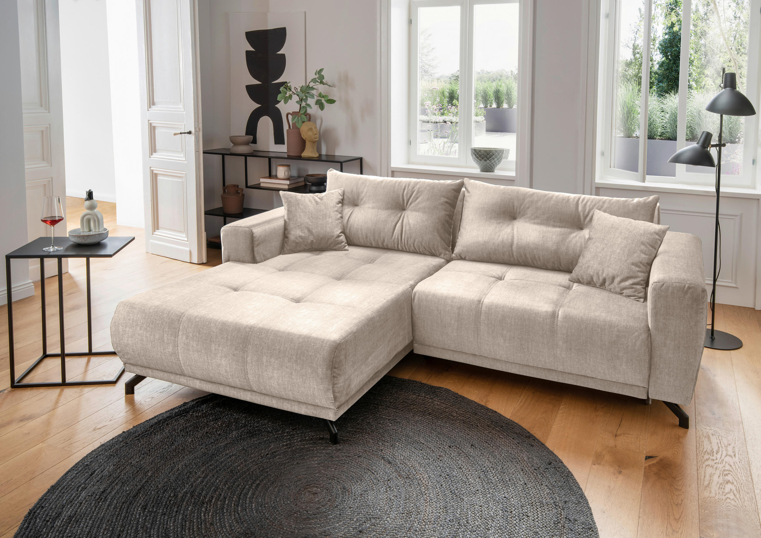 ECKSOFA in Velours Creme  177/246 cm  - Creme/Schwarz, MODERN, Textil/Metall (177/246cm) - MID.YOU
