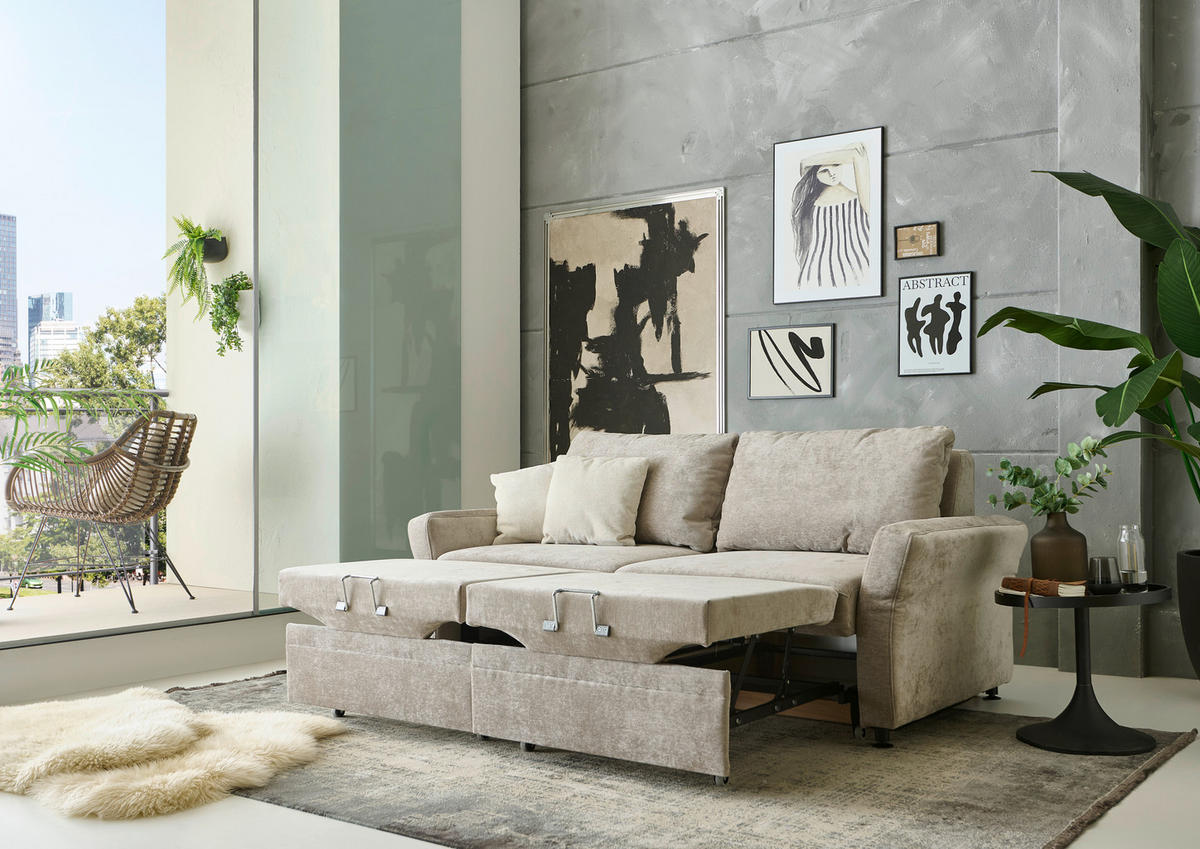 SCHLAFSOFA Chenille Hellbraun  - Hellbraun/Schwarz, KONVENTIONELL, Textil/Metall (186/90/100cm) - Beldomo Style