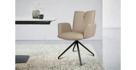 ARMLEHNSTUHL  Sitzfläche 360° drehbar, automatische Rückholfunktion Bouclé Echtleder  - Beige/Schwarz, Design, Leder/Holz (62/87/63cm) - Valnatura