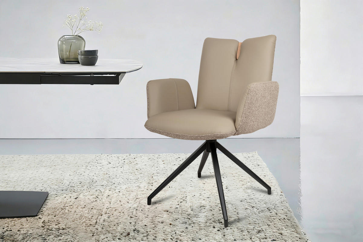 ARMLEHNSTUHL  Sitzfläche 360° drehbar, automatische Rückholfunktion Bouclé Echtleder  - Beige/Schwarz, Design, Leder/Holz (62/87/63cm) - Valnatura