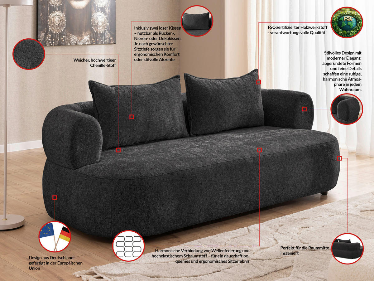 3-SITZER-SOFA in Chenille Schwarz  - Schwarz, Design, Kunststoff/Textil (200/76/96cm) - Livetastic