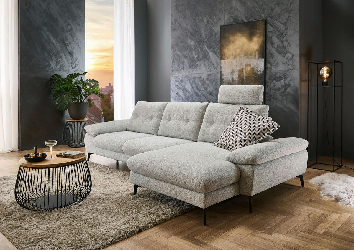 ECKSOFA Hellgrau Flachgewebe  - Hellgrau/Schwarz, Design, Textil/Metall (303/168cm) - Valdera