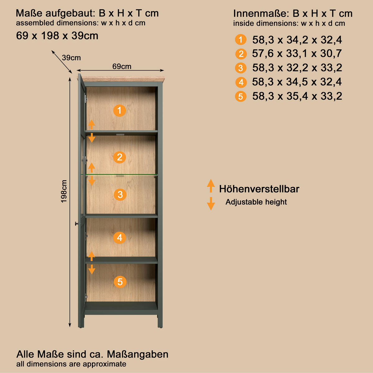 VITRINE STANTON in Waldgrün  - Waldgrün/Schwarz, Design, Glas/Holzwerkstoff (69/198/39cm) - MID.YOU