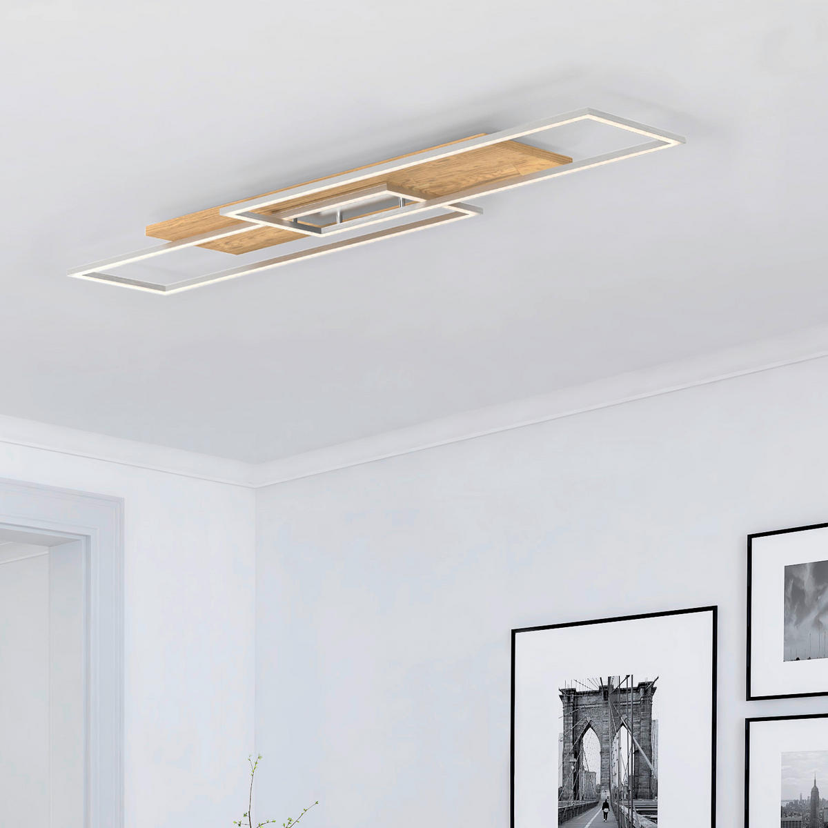 DECKENLEUCHTE Panama 114/25/7 cm   - Nickelfarben, Design, Holz/Metall (114/25/7cm)