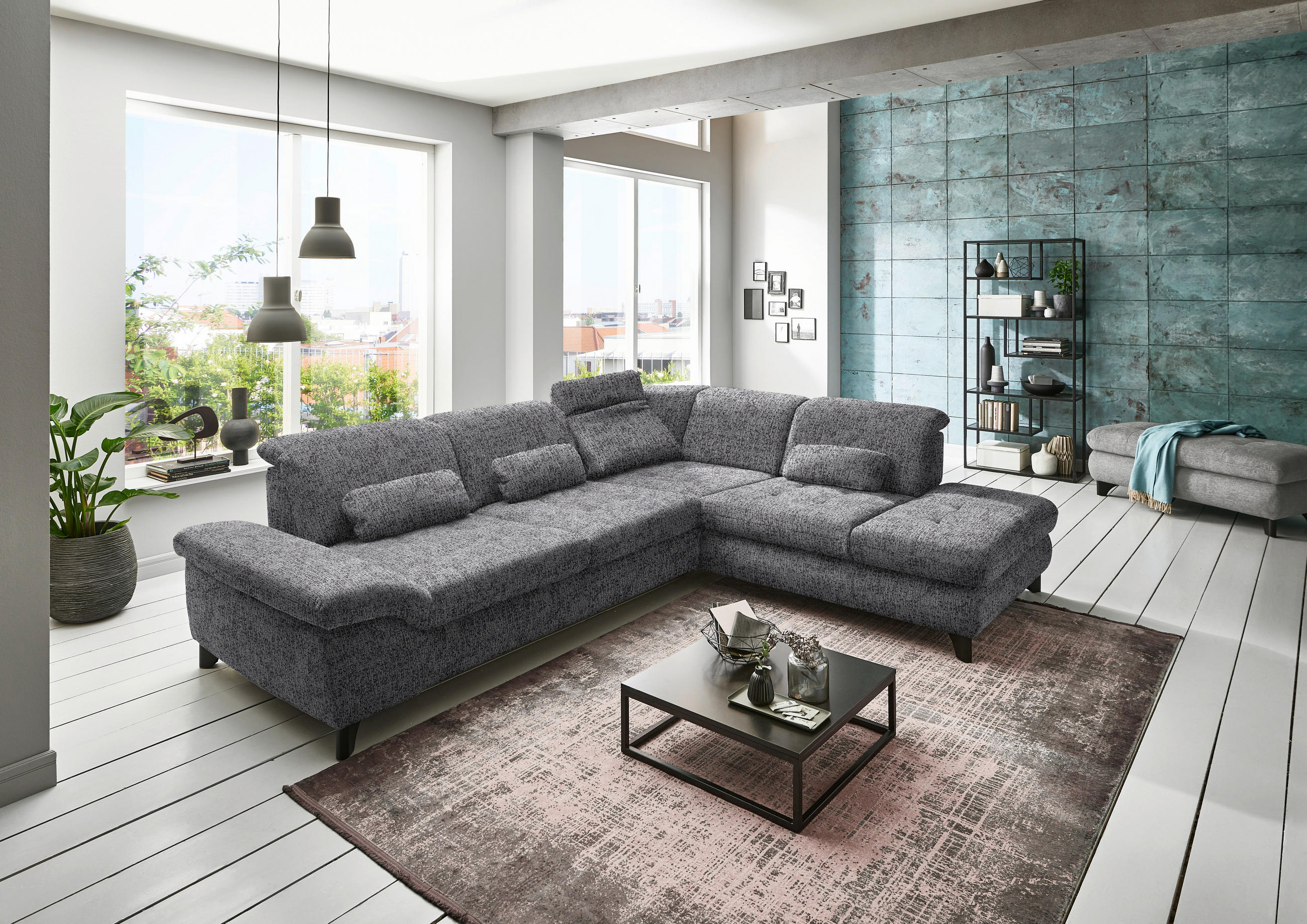 ECKSOFA Braun, Grau Webstoff  - Chromfarben/Braun, Design, Textil/Metall (319/260cm) - Beldomo Style