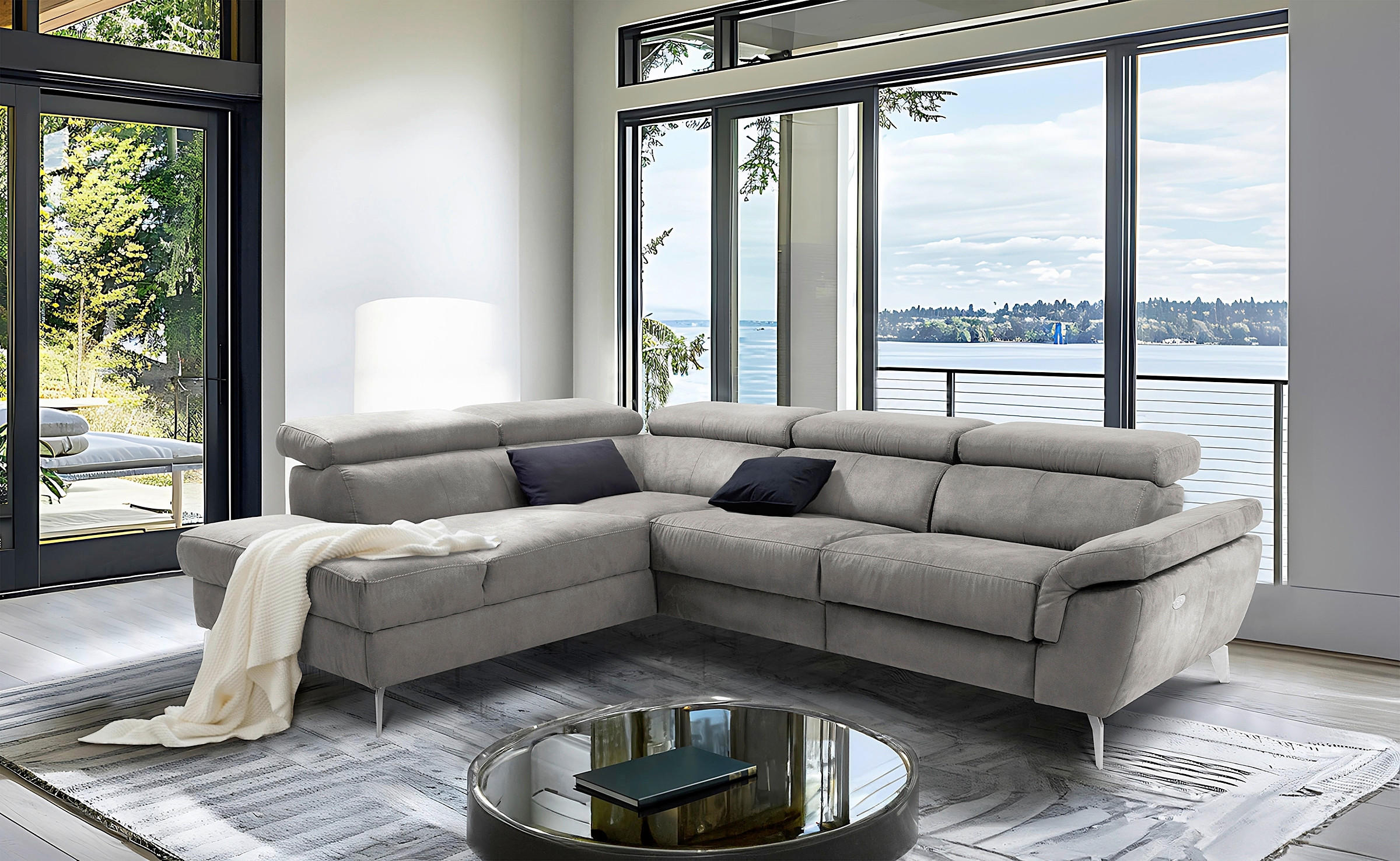 ECKSOFA SONO Anthrazit Lederlook Bettkasten, Armteilverstellung, Kopfteilverstellung  - Chromfarben/Anthrazit, Design, Textil/Metall (210/265cm) - Livetastic