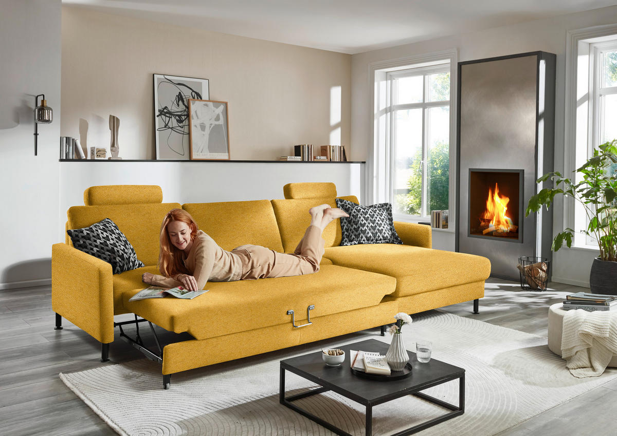 ECKSOFA  in Chenille, Flachgewebe Currygelb  316/175 cm  - Currygelb/Schwarz, Design, Textil/Metall (316/175cm) - Dieter Knoll