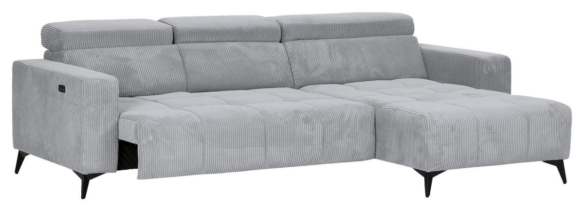 ECKSOFA Hellgrau Cord Rücken echt, Kopfteilverstellung, Sitzvorzug  - Hellgrau/Schwarz, KONVENTIONELL, Textil/Metall (257/170cm) - Carryhome