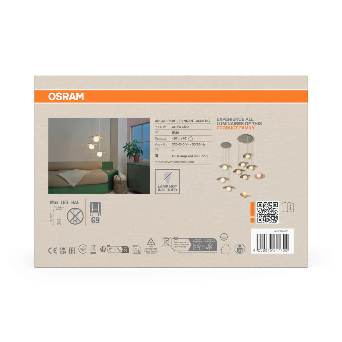 HÄNGELEUCHTE 34,5/33,7/150 cm  - Beige, Design, Glas/Textil (34,5/33,7/150cm) - Osram
