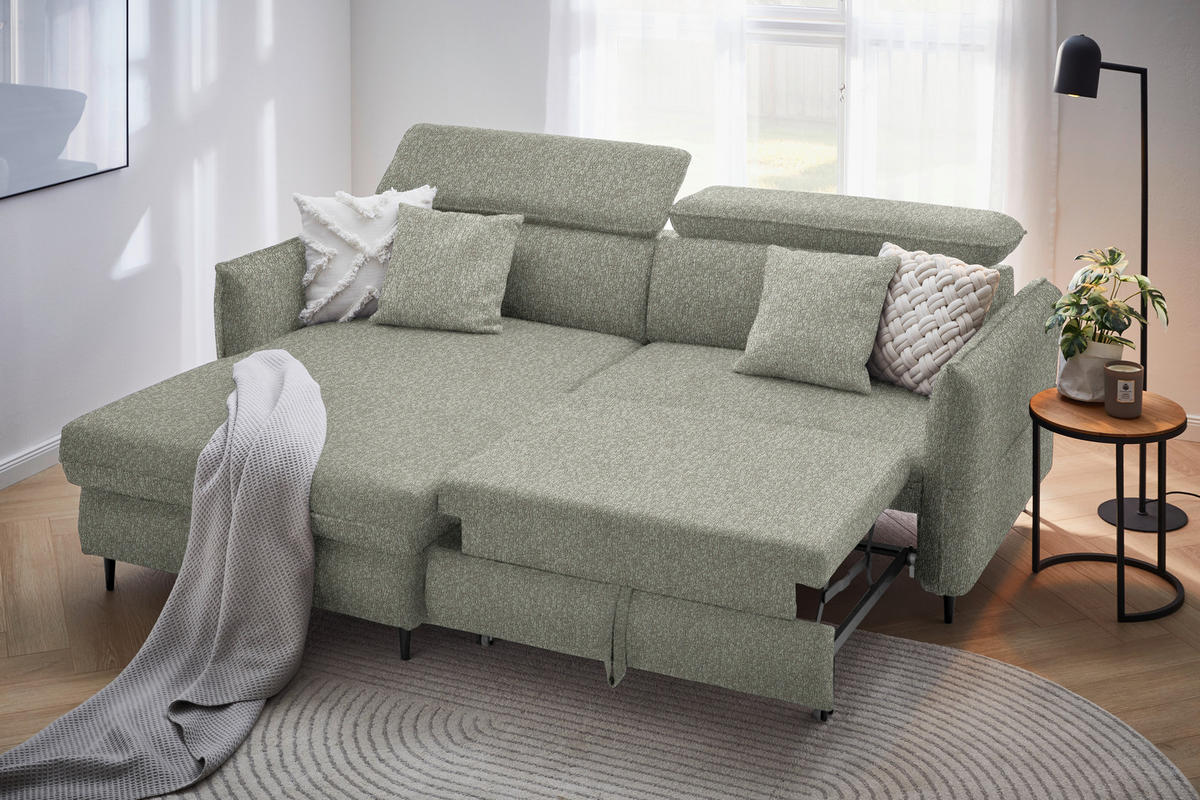 ECKSOFA inkl. Funktionen Grün, Hellgrau Struktur  - Hellgrau/Schwarz, Design, Holz/Textil (185/232cm) - Stylife