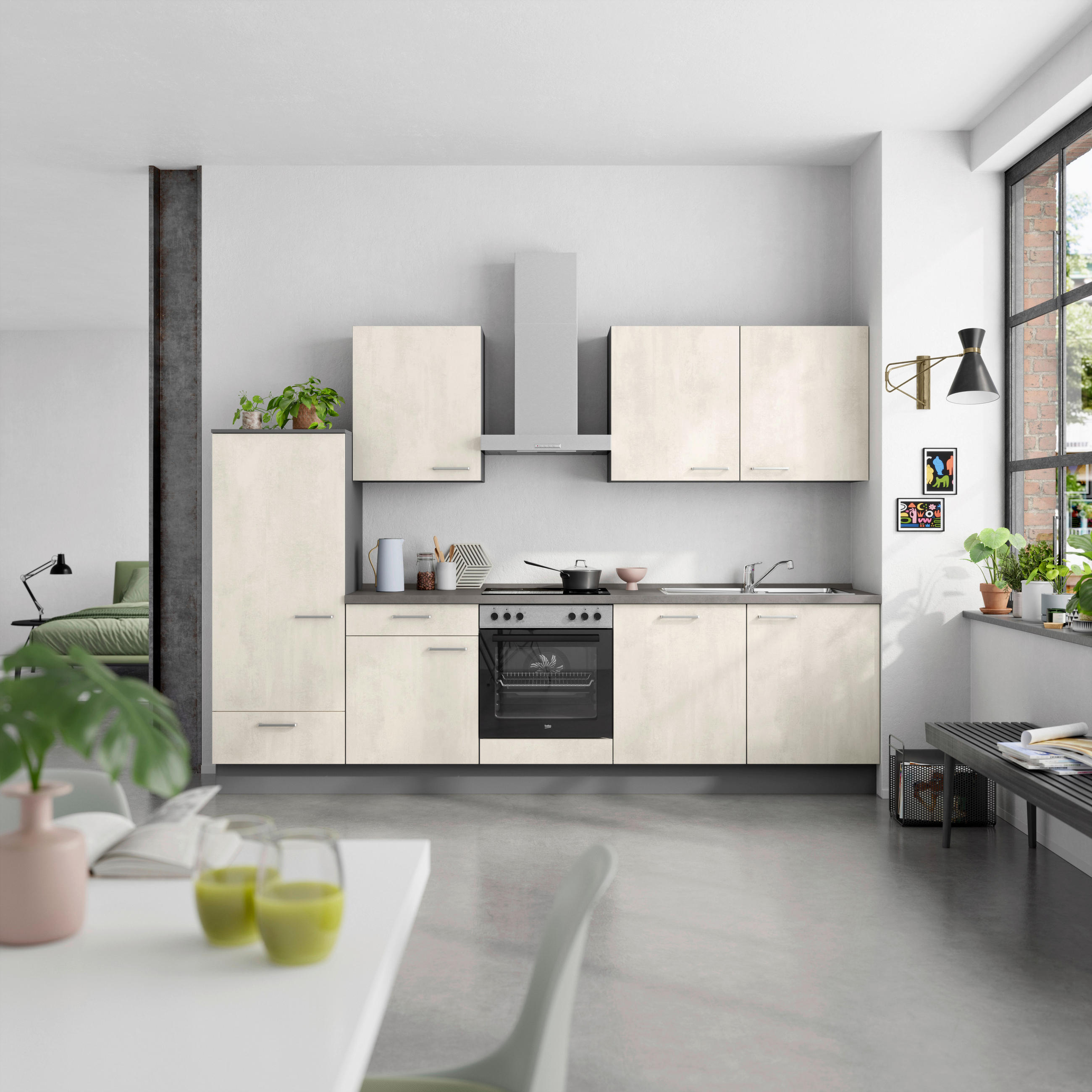 KÜCHENBLOCK Riva 300 cm  in Weiß, Schieferfarben  - Schieferfarben/Edelstahlfarben, MODERN, Holzwerkstoff/Metall (300cm) - Nobilia