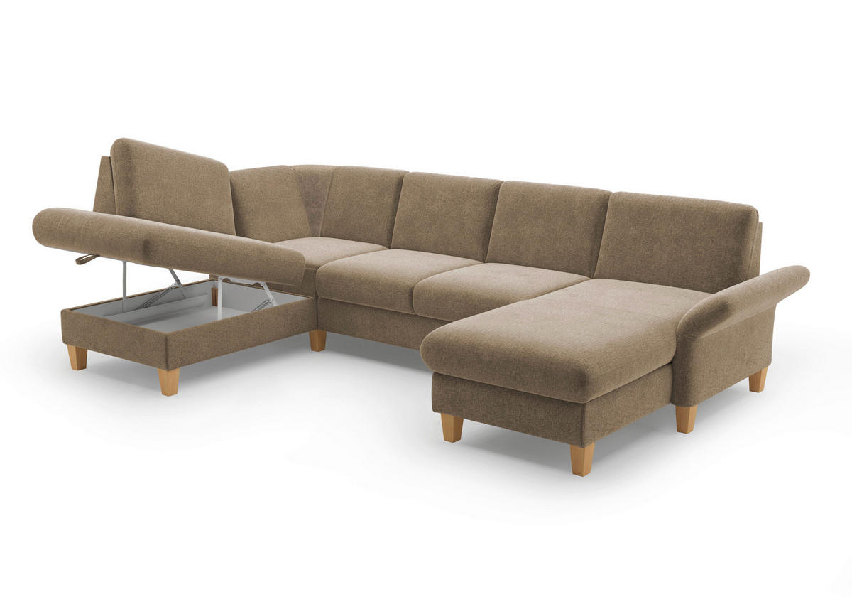 WOHNLANDSCHAFT Hellbraun Flachgewebe  - Hellbraun/Eichefarben, KONVENTIONELL, Holz/Textil (195/314/164cm) - Sit & More