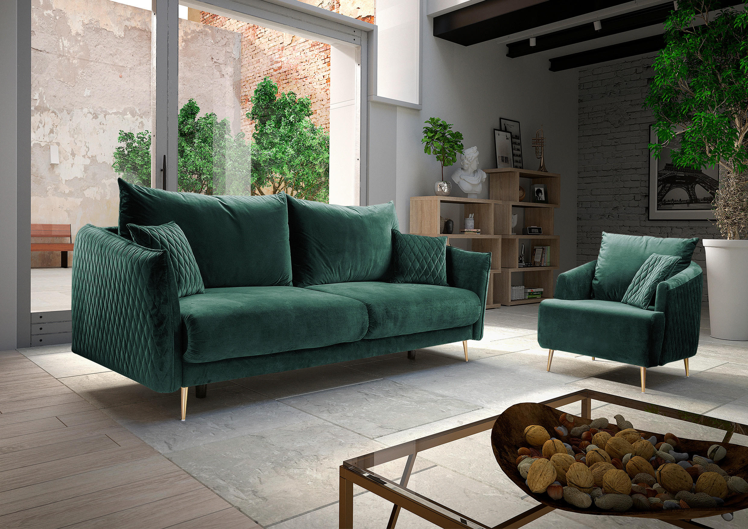 SCHLAFSOFA Samt Grün  - Goldfarben/Grün, Design, Textil/Metall (235/96/104cm) - MID.YOU