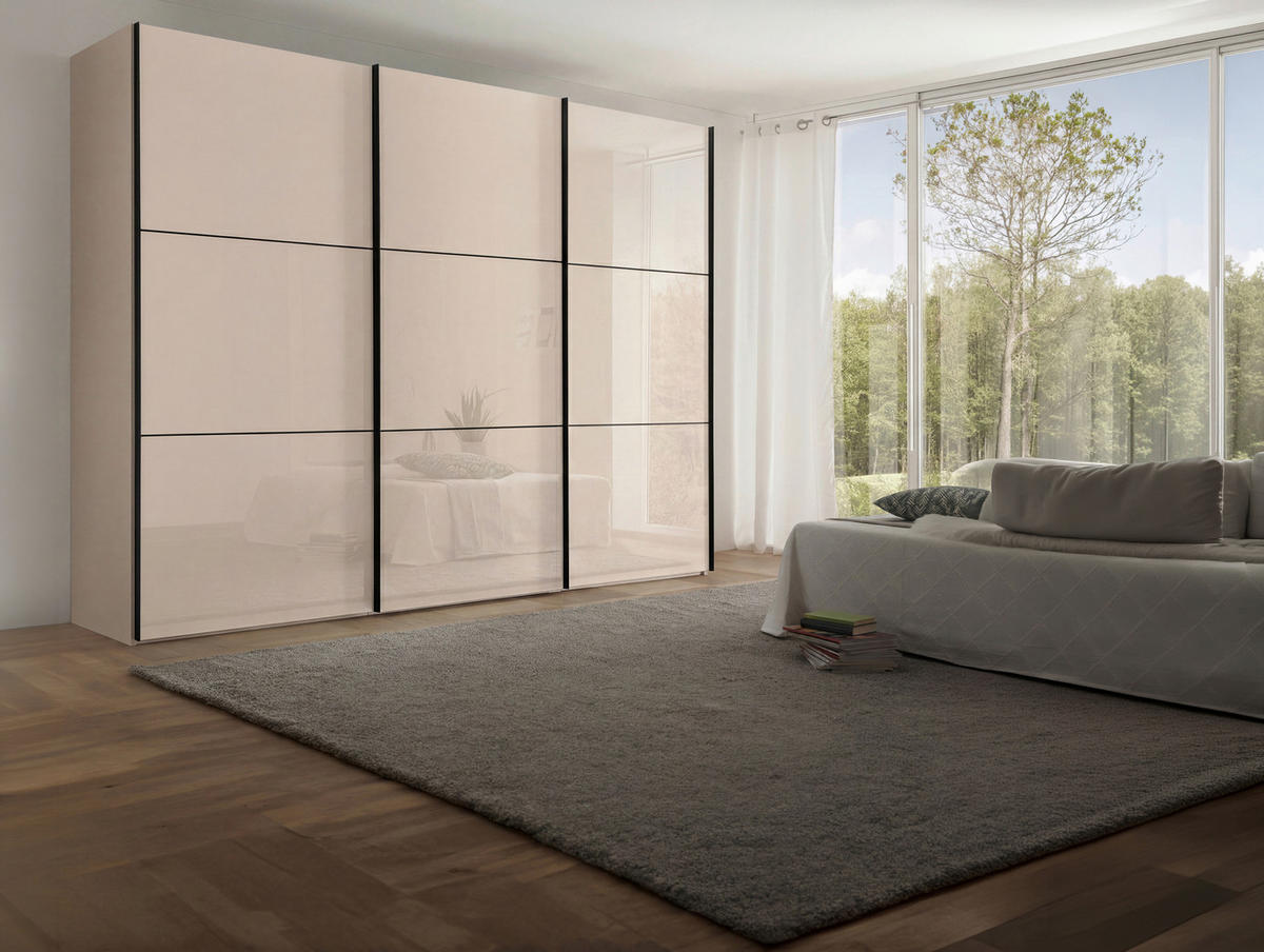 SCHWEBETÜRENSCHRANK 280/222/68 cm 3 Tür(en)-türig Elfenbein  - Elfenbein/Schwarz, KONVENTIONELL, Glas/Holzwerkstoff (280/222/68cm) - Moderano