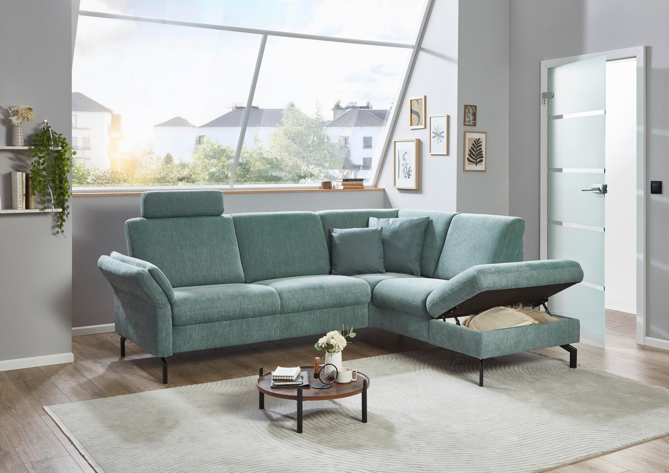 Thumbnail - Beldomo Comfort Ecksofa, Blau, Textil, 4-Sitzer, Ottomane rechts, L-Form, 241x190 cm, Goldenes M, Hocker erhältlich, Arm...